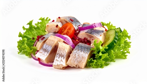 nordic style pickled herring fish salad with red onion