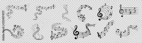 Cuadro en lienzo Music notes vector set with swirls and waves of musical staff or stave, treble and bass clefs, sharp and flat tones, rest symbols and bar lines