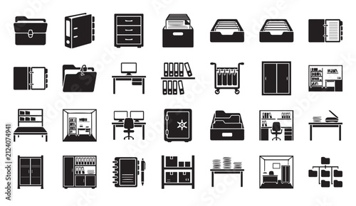 Foto Comprehensive collection of office and archive organization icons with documents