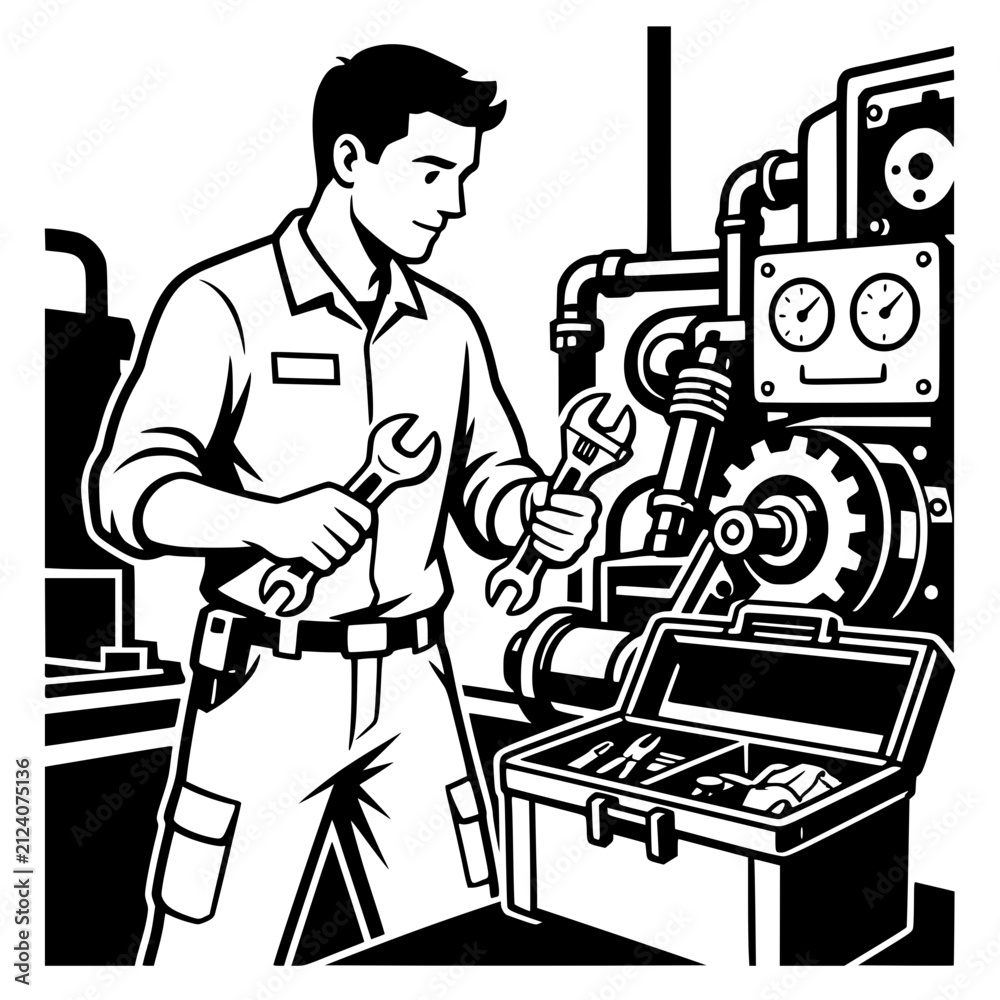 Fototapeta premium Black and white vector illustration of a male mechanical engineer repairing factory machinery with wrenches, gauges, and toolboxes