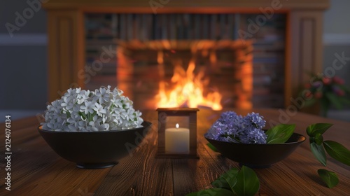 Cozy Fireplace Scene with White and Purple Hydrangeas and Candle in Living Room