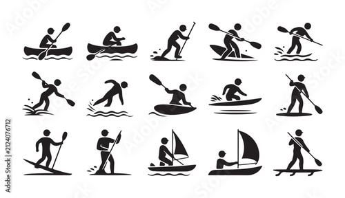 Foto Water sports activities silhouettes featuring kayaking sailing and paddle boarding people