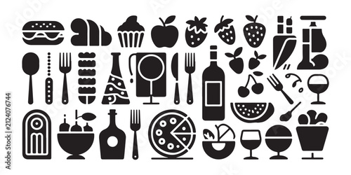 Comprehensive collection of restaurant icons with diverse food items kitchen tools and tableware.