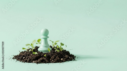 Minimalist Concept of Growth and Strategy with a Green Chess Pawn in Soil with Small Sprouts