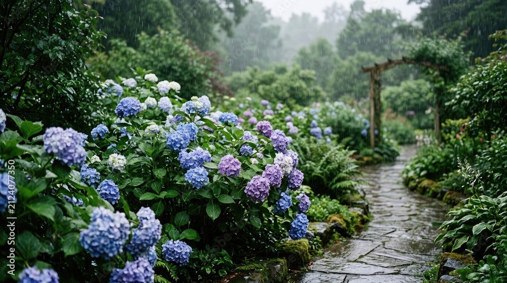 Obraz premium Rain falls upon a lush garden filled with hydrangeas.