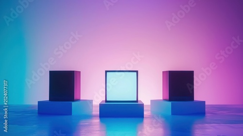 Three Vintage Computer Monitors on Pedestals in Neon Purple Blue Lighting