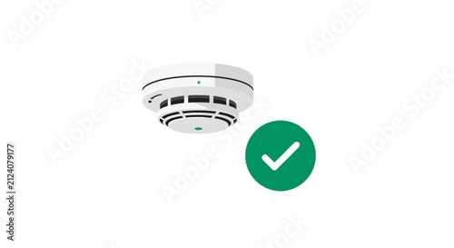 Smoke Detector with Green Checkmark Icon Symbolizing Functional Fire Alarm System, Home Safety, and Inspection Compliance for Domestic Security