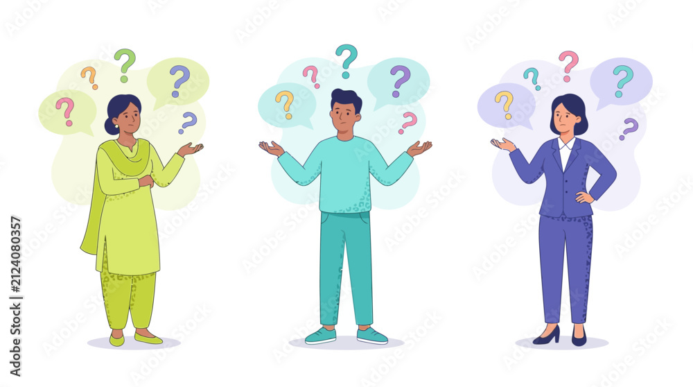 Fototapeta premium Diverse professionals gesturing with colorful question marks.