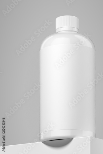 White 500 ml cosmetic bottle with a blank label displayed on a gray podium. 3D rendering.