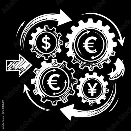 Currency Exchange System Chalkboard Hand Drawn Vector Illustration with Dollar Euro Yen Symbols, Rotating Gears and International Foreign Exchange Financial Technology