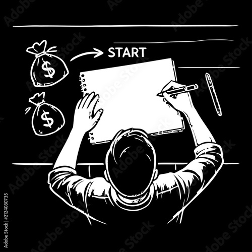 Money Transfer Starting Process Chalkboard Hand Drawn Vector Illustration with Person Using Laptop and Documents for Online Banking, Digital Payment, Financial Transaction