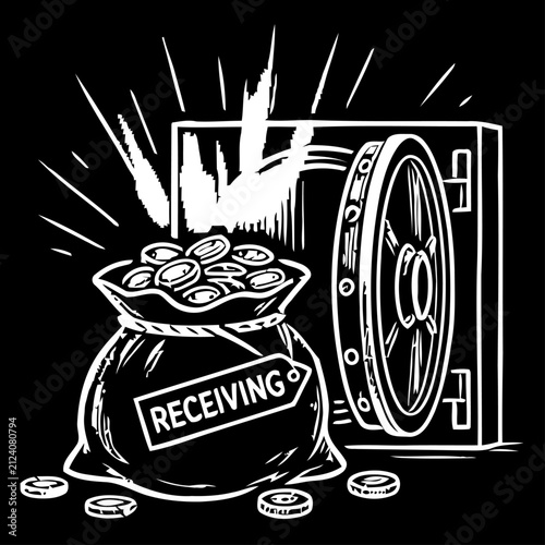 Receiving Money Chalkboard Hand Drawn Vector Illustration with Open Safe, Cash Coins and Financial Income Concept for Banking, Digital Payment and Personal Finance
