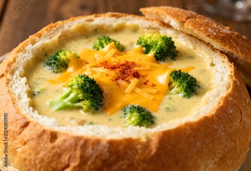 Broccoli cheddar soup served inside a bread bowl with comfort food crusty bread food photography