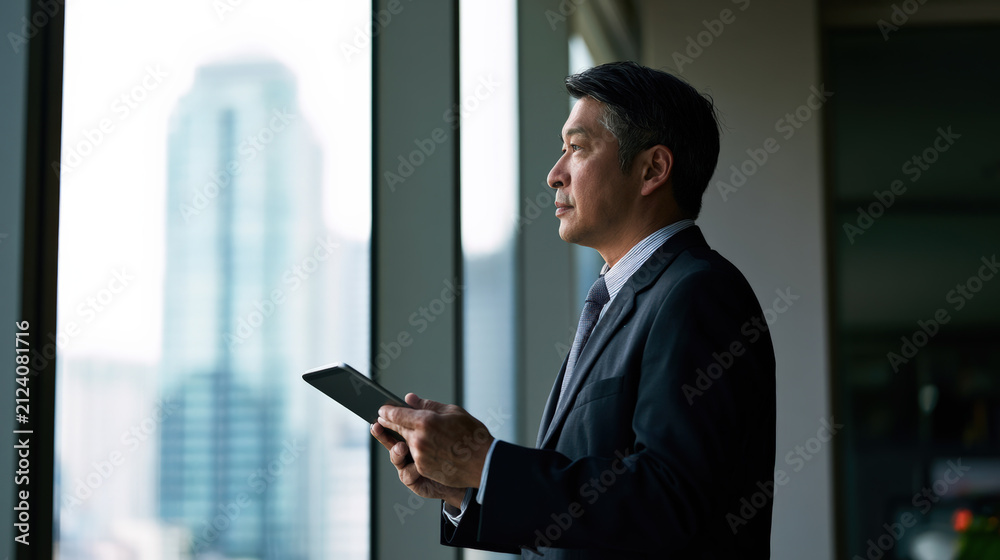Fototapeta premium Asian businessman digital tablet office window city skyline corporate Executive suit using digital tablet near office window