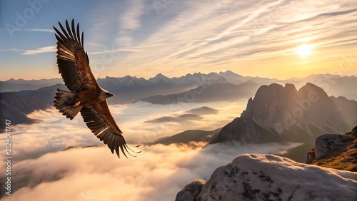 Majestic Eagle Flying Above Mountain Clouds During Golden Hour Sunset