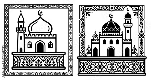 Mosque buildings inside decorative geometric frames in traditional islamic art style