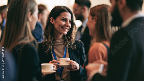 Business people networking conference coffee conversation Smiling business people networking during conference coffee break