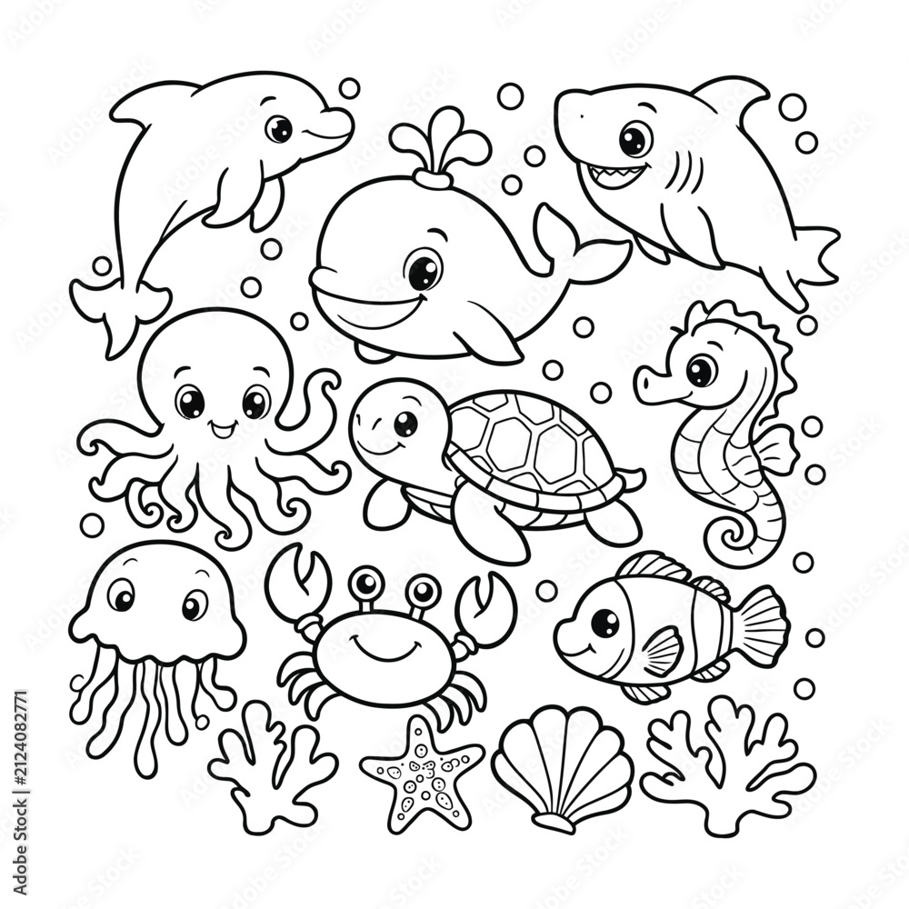 Fototapeta premium Coloring page featuring underwater sea creatures and ocean life illustrations
