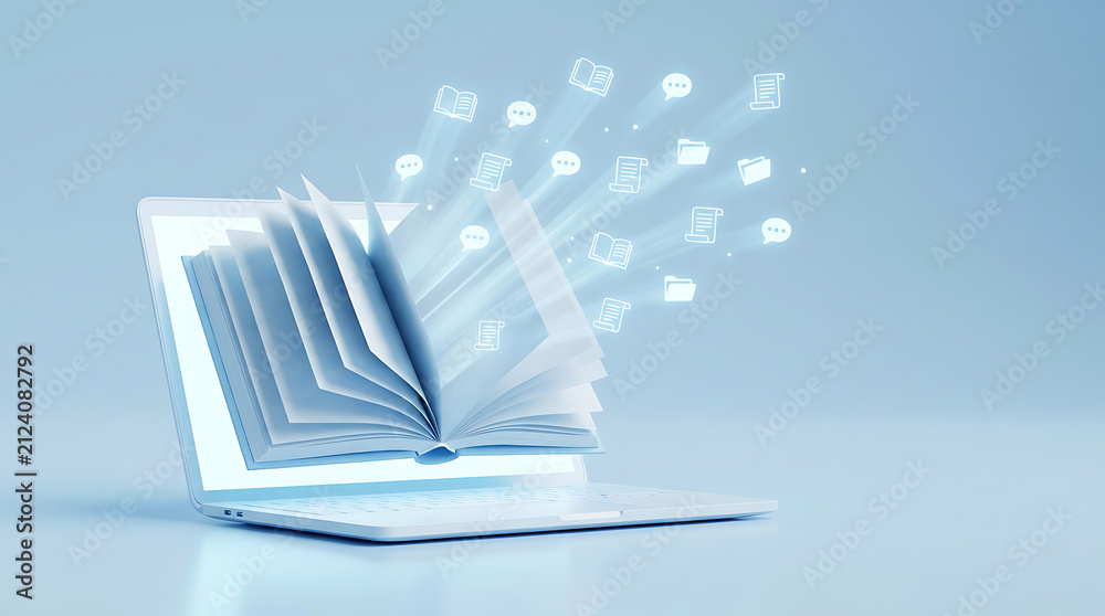 Fototapeta premium Open book emerging from laptop screen with floating digital documents representing online education