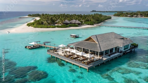 Overwater bungalow resort with turquoise lagoon and tropical island views