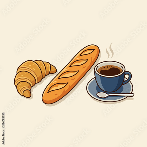 Freshly baked croissant and French baguette in a modern cartoon drawing style