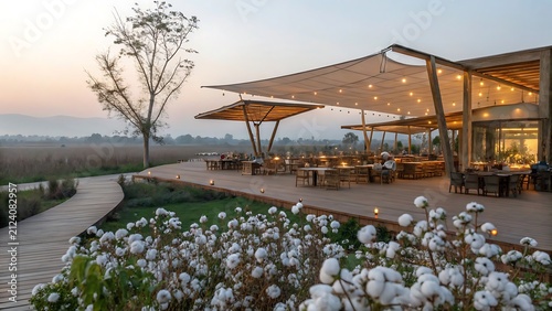 Modern outdoor restaurant with string lights and scenic landscape view