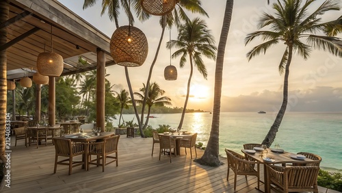 Serene beachfront restaurant with wooden deck and sunset ocean view
