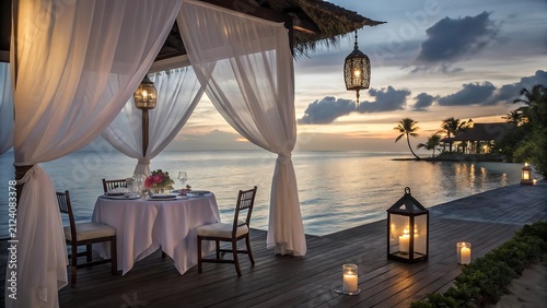 Romantic beachside dining setup overlooking ocean at sunset