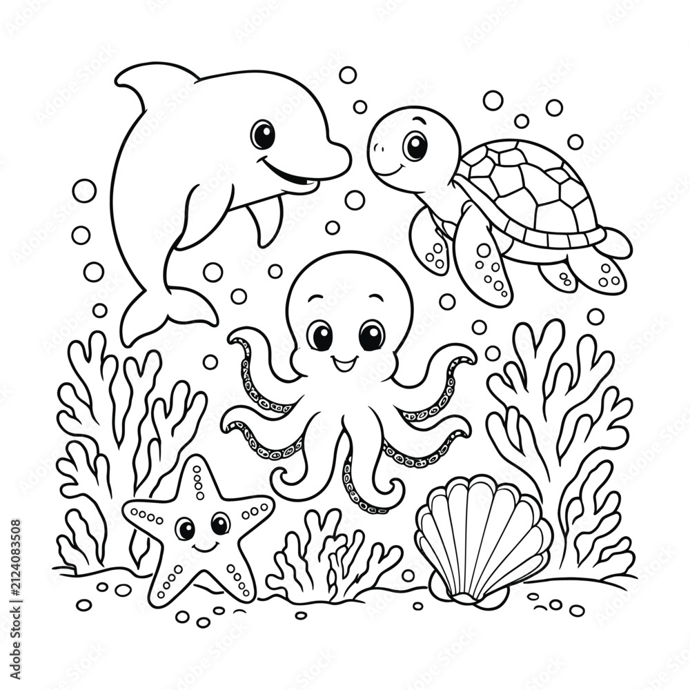 Fototapeta premium Cute underwater cartoon animals ocean scene with transparent background