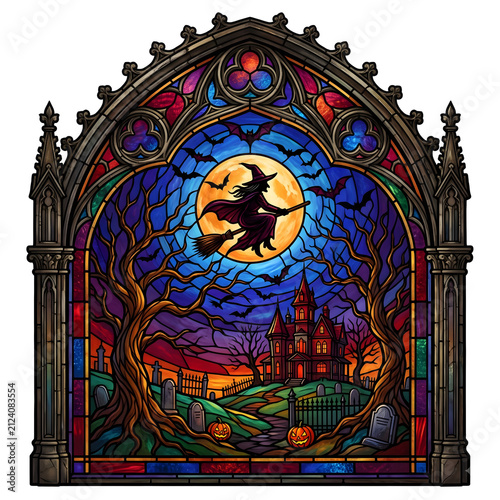 Halloween stained glass window with witch. Gothic church art with haunted house and moon.