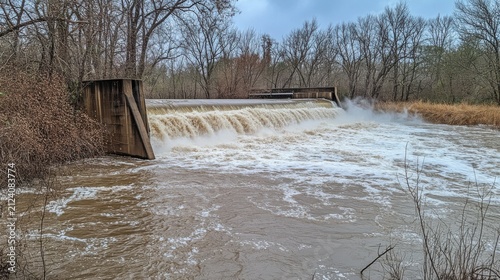 Overflowing Dam with Rushing Water and Turbulent Waves