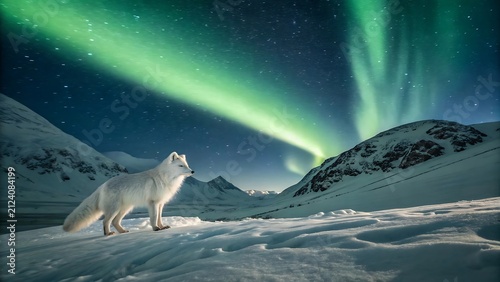 Arctic Fox Standing Under Stunning Aurora Borealis Northern Lights Display