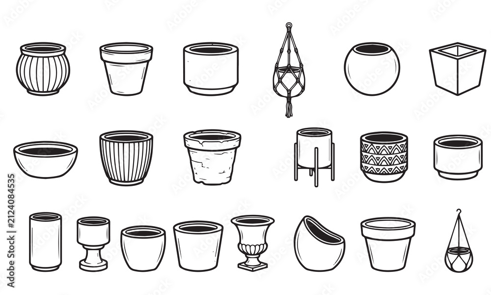 Obraz premium Minimal Plant Pots Clipart Bundle, Black and White Plant Pot Line Art Vector Collection