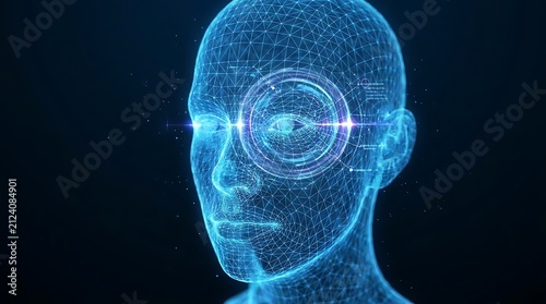 Blue wireframe human head with digital eye interface