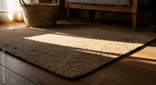 Natural woven jute area rug in sunlit interior home setting with eco friendly sustainable interior