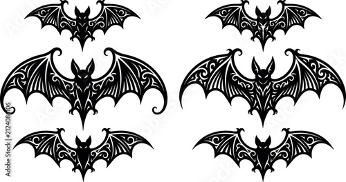 Vector black ornate gothic tribal bat silhouette collection set with detailed scrollwork wings for spooky halloween tattoo design