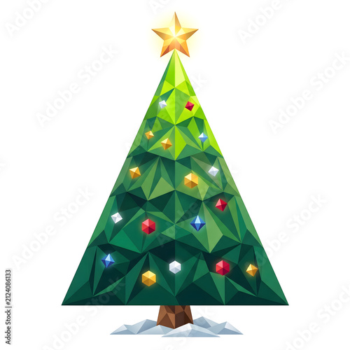 Low poly Christmas tree with ornaments. Geometric pine tree isolated on white background.