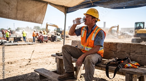 Construction worker in hard hat and safety vest drinks water during a break on a hot day