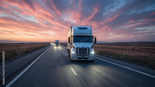 White Semi Truck Driving on Highway Under Cloudy Sunset Sky for Freight Logistics