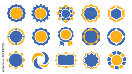 Set of flat badge and seal icons. Vector collection of circular labels and geometric emblems.