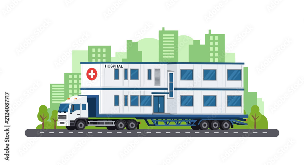Fototapeta premium Mobile Modular Hospital Building Transported by Truck Trailer Vector Illustration. Emergency Medical Facility on Road.