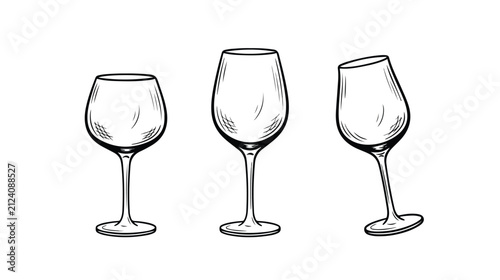Elegant wine glass vector set, three hand-drawn empty stemmed glasses, black and white line art illustration for beverage menus and bar branding