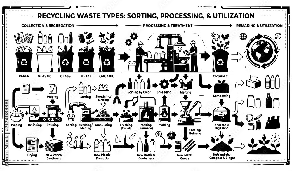 Fototapeta premium Recycling Waste Sorting and Processing Infographic with Paper Plastic Glass Metal and Organic Materials