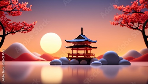 Japanese temple reflected on calm water