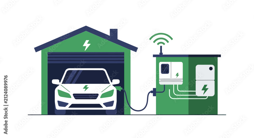 Obraz premium Electric Vehicle Charging in Smart Home Garage with Sustainable Power Management System Illustration