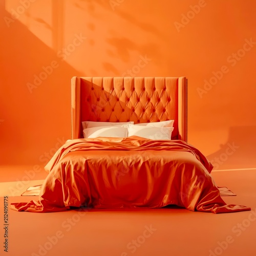 Orangish glow bathes minimalist bedroom scene