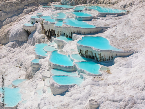 An aerial view of the Pamukkale Travertines. Pamukkale Travertines Drone Video, Pamukkale Denizli, Turkiye (Turkey)