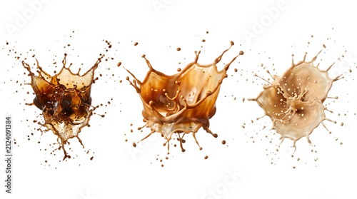 Three dynamic coffee and milk splashes isolated on transparent background for creative food and beverage design projects