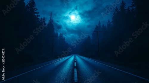 Moonlight bathes a lonely, wet road through dense forest