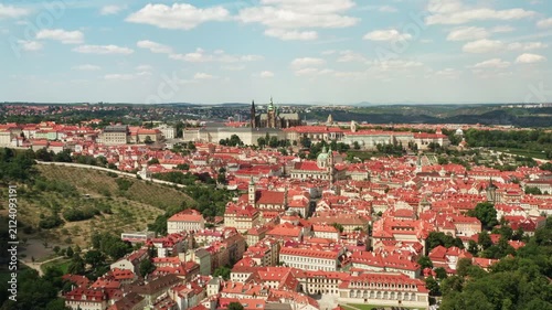 Historic Prague Castle stands above red tiled roofs of Mala Strana district. Scenic urban cityscape represents European architecture and heritage. Summer travel destination in Czech Republic.